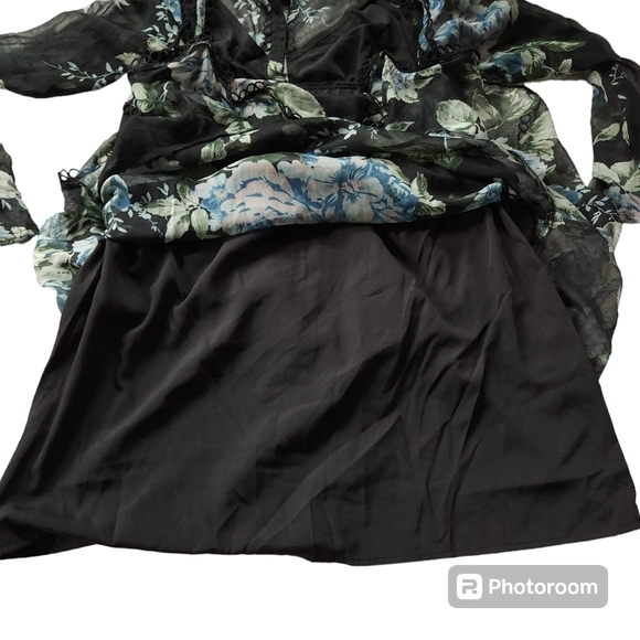 New ASOS DESIGN Black Floral Print Sheer Mini Dress With Lace Trim Detail Sz 14 - Picture 3 of 8